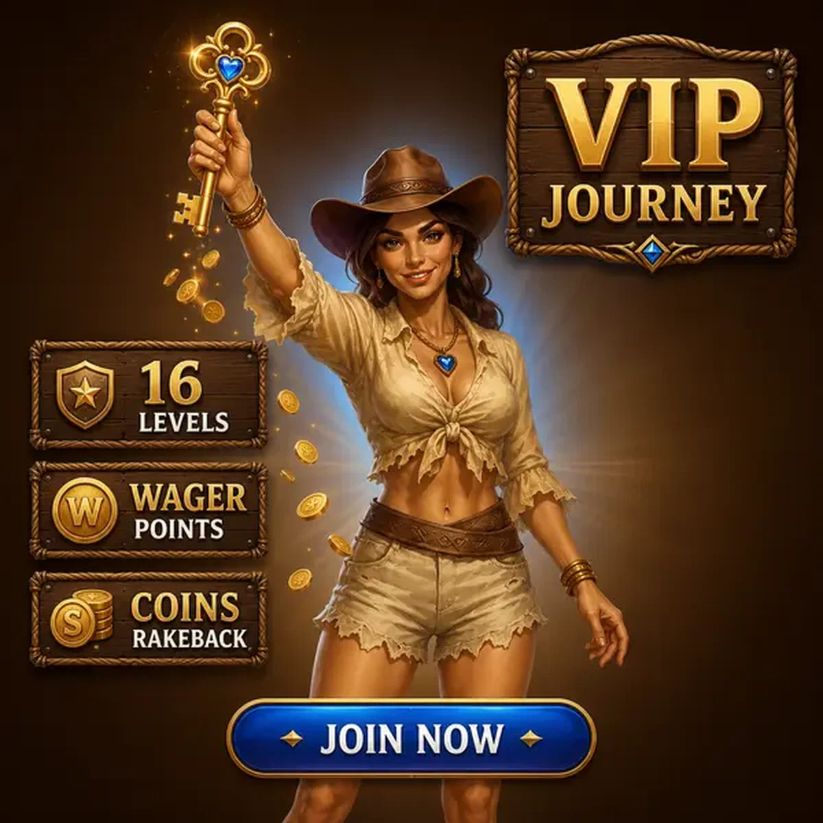 Il cercatore tiene la chiave d'oro che sblocca i livelli del percorso VIP al Long-Term VIP Journey at Rolldorado signup