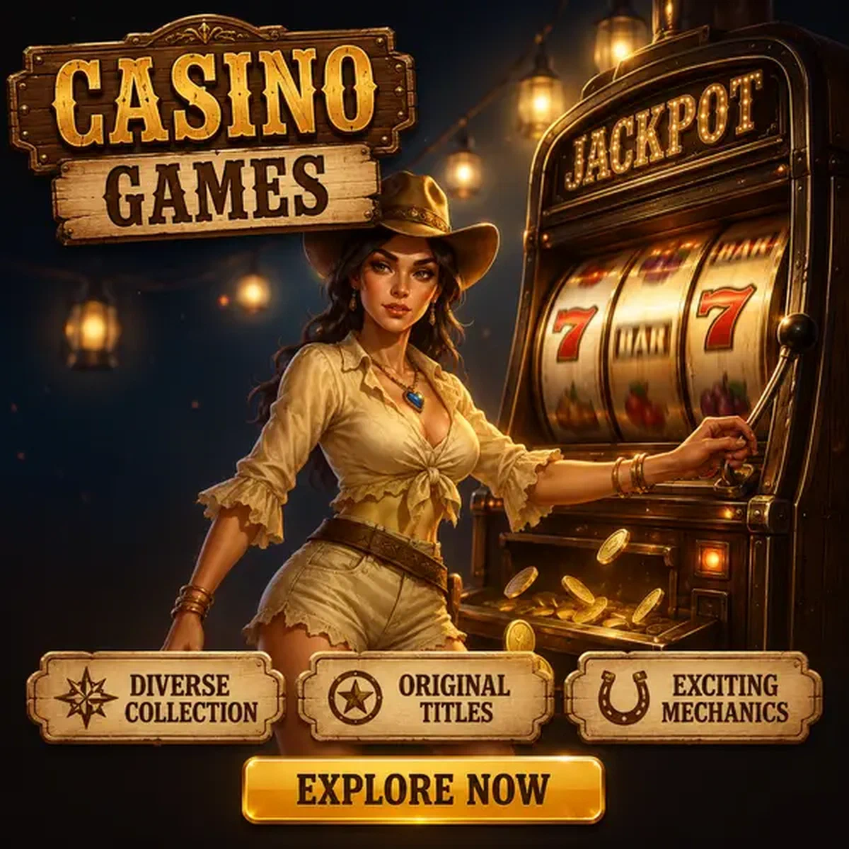 Cercatore d'oro spiritoso che tira la leva della slot machine ai Giochi del Casinò Rolldorado sotto lanterne dorate