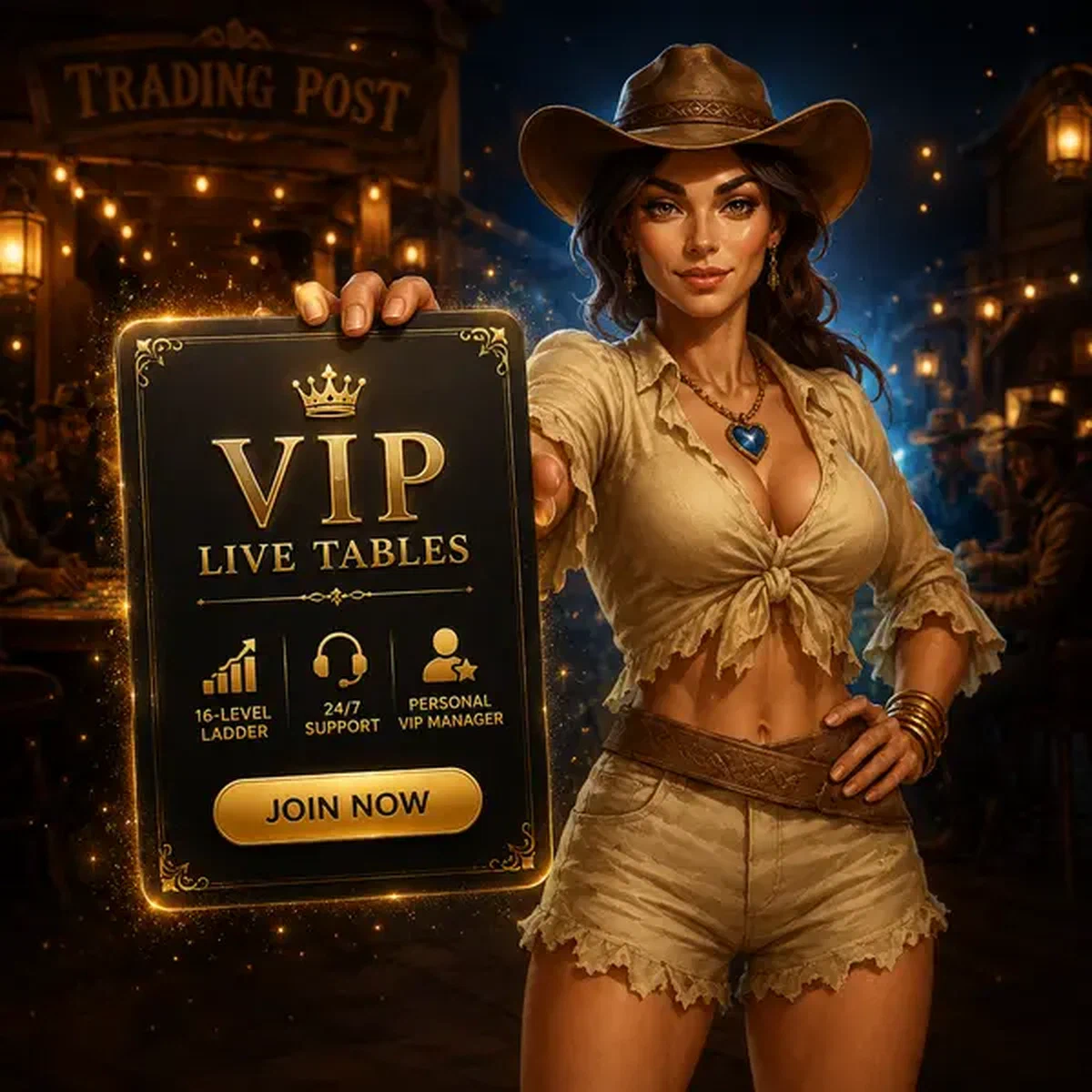 The Prospector che mostra l'accesso ai Tavoli Live VIP con carta nera premium al trading post
