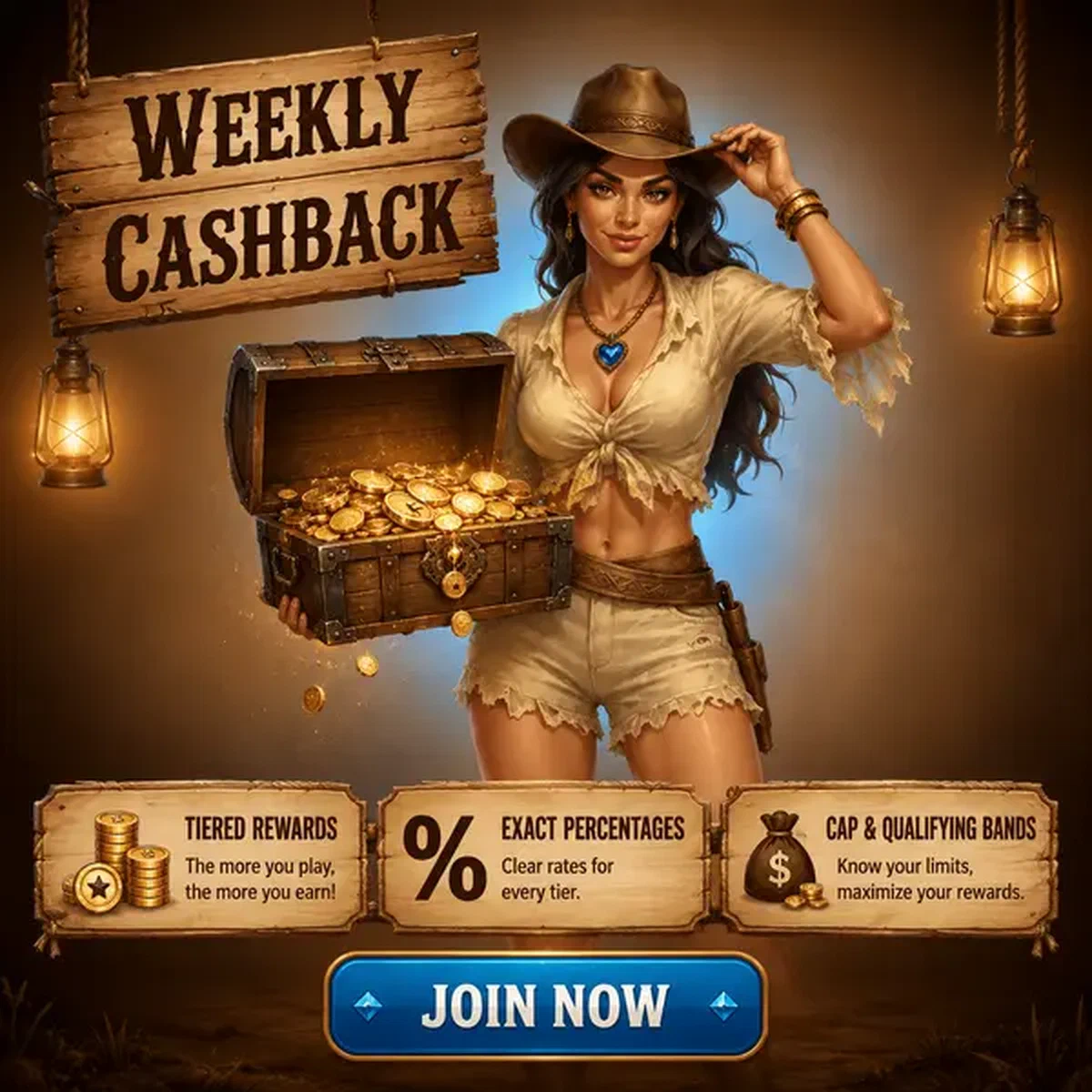 Sicuro cowboy cacciatore di tesori che tiene il forziere del cashback settimanale nella sala slot Rolldorado